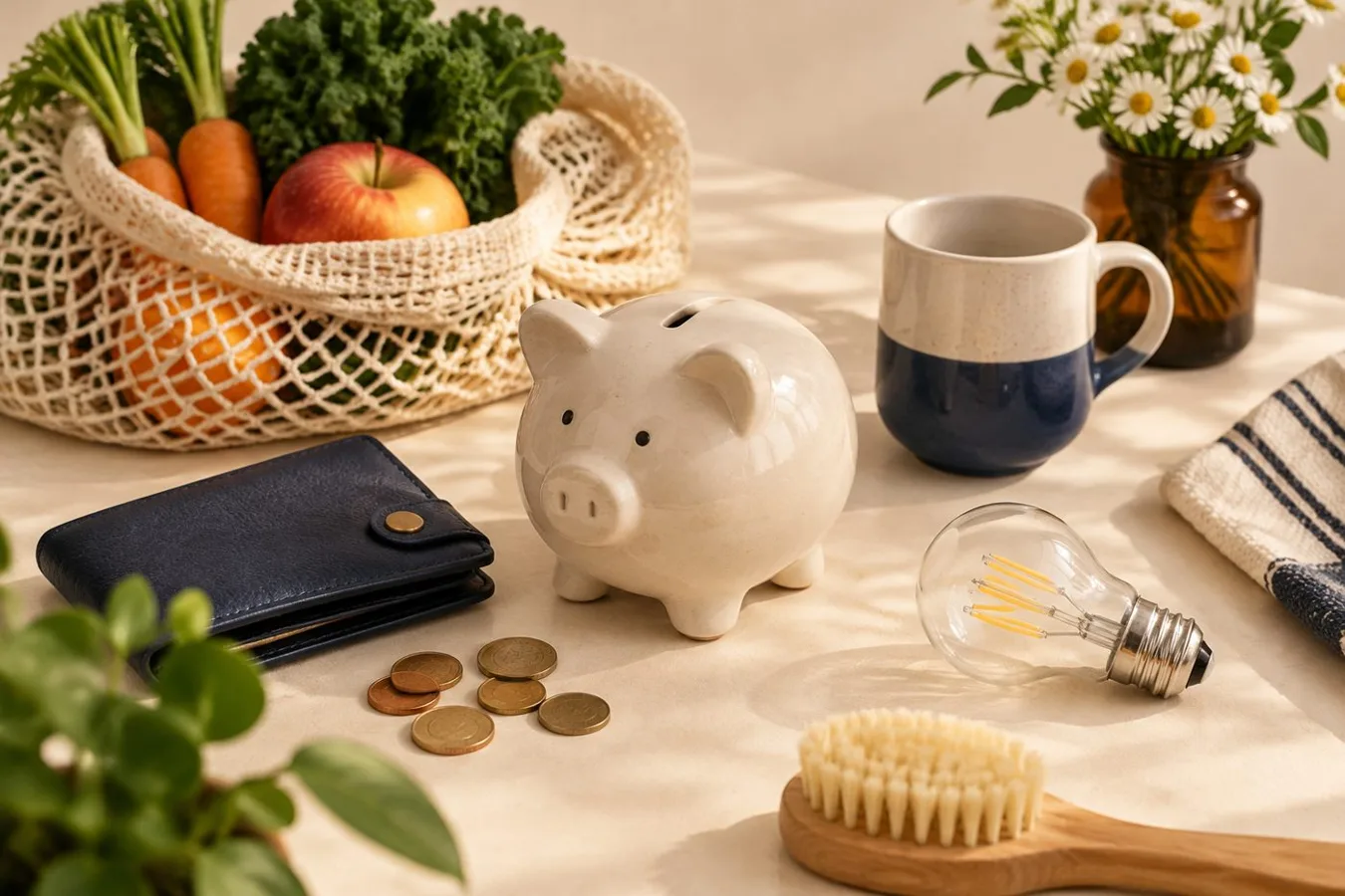 Stillleben zum Thema Geld sparen im Alltag: Ausgaben senken und Spielräume schaffen